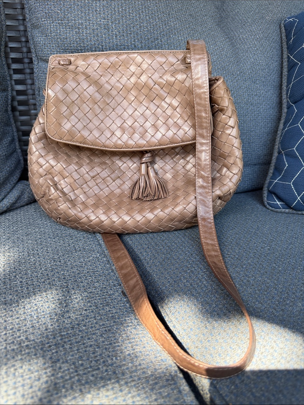 Bottega Veneta Tan Intrecciato Leather Shoulder Bag with Tassel